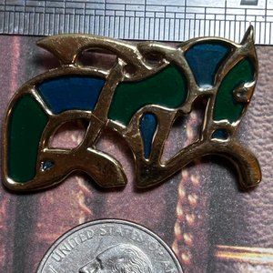 Estate Celtic Viking Gold Blue Green Enamel Horse Figural Brooch Pin